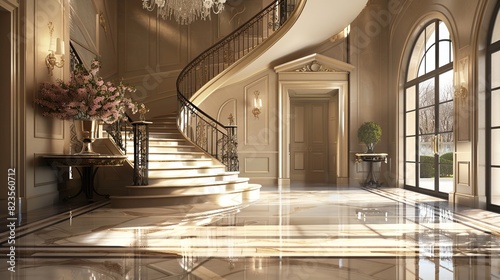 This is an image of a grand foyer with a marble floor  curved staircase  and large windows.  