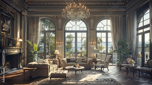 This is an image of a living room. There are three large windows, a crystal chandelier, and several couches and chairs arranged in a seating area with an oriental rug underneath them.

 photo
