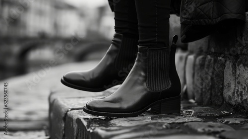 A pair of sleek, black ankle boots, a versatile addition to any shoe collection. photo