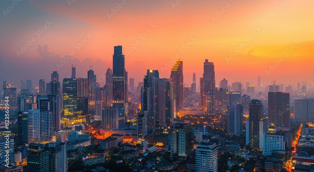 A panoramic view of skyline at dusk