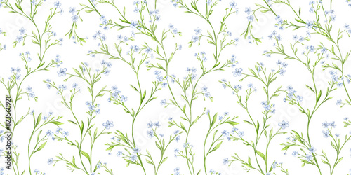 Vintage floral background. Seamless pattern for design and fashion prints. Flowers pattern with small white and blue flowers. Ditsy style.