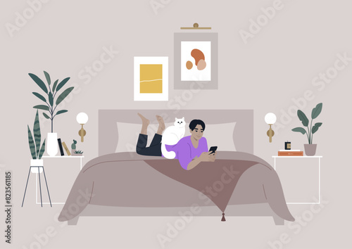 A peaceful scene of a character lounging in bed with a cat curled up on their lap