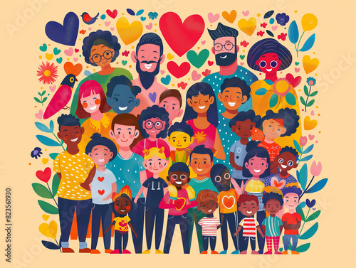 A cheerful  colorful illustration featuring a diverse group of people of various ages and backgrounds