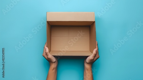 A person holding out an empty cardboard box against blue background, top view.
