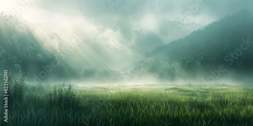 Tranquil Aura Misty Dawn Serenity, Ethereal Enchantment Soft Light Landscape photo