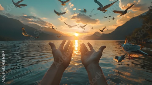 A person's hands open and outstretched towards the sky, with birds flying in front of them at sunset. This scene conveys hope for freedom, love, happiness, tranquility.
 photo