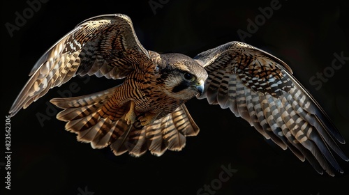 A falcon with brown and black feathers is flying with its wings spread wide.

