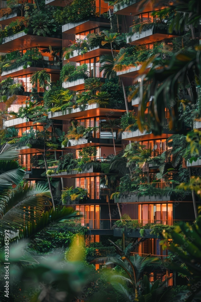 A building view withgreen jungle in balconies,with plant and palms, luxurious nature green touch in the city lifestyle