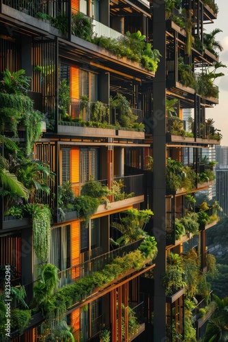 A building view withgreen jungle in balconies,with plant and palms, luxurious nature green touch in the city lifestyle photo
