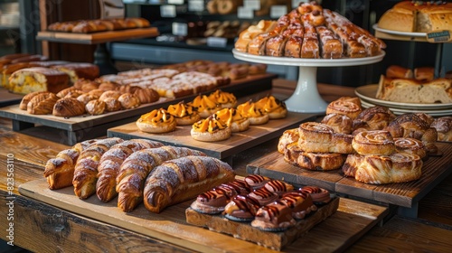 selection of freshly baked pastries and bread displayed on a wooden table in a bakery