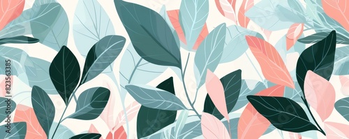 pattern illustration of green different leaves and plants, minimal shapes on isolated white background, abstract composition for varoius eco projects design