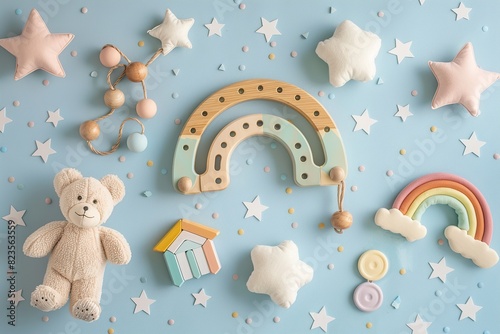 Gender neutral baby stuff. Little baby sleep accessories. Knitted toy yellow stars, white clouds on blue background. Flat lay top view. Newborn sleeping rules. Content for children products. Kids room