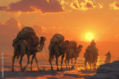 Silk Road Caravan with Camels at Sunset - Historically Accurate  