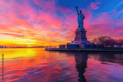 The Statue of Liberty at sunrise with a vibrant sky and reflections on the water