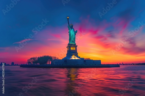 The Statue of Liberty at sunrise with a vibrant sky and reflections on the water