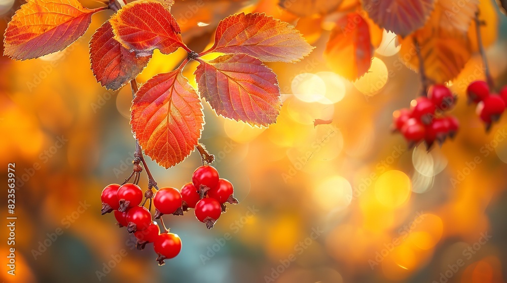 A close shot of colorful woodbine leaves and fruits hanging on tree with a blurry backdrop and a big space for text or product advertisement background, Generative AI.