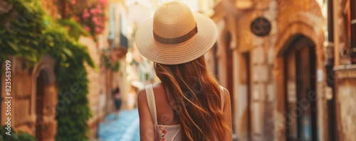 portrait illustration of a tourist woman with hat and long hair , walking in the a street summer city on her vacation,, summer vibes, travel concept photo