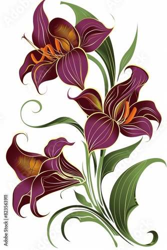 Purple Flower With Green Leaves on White Background