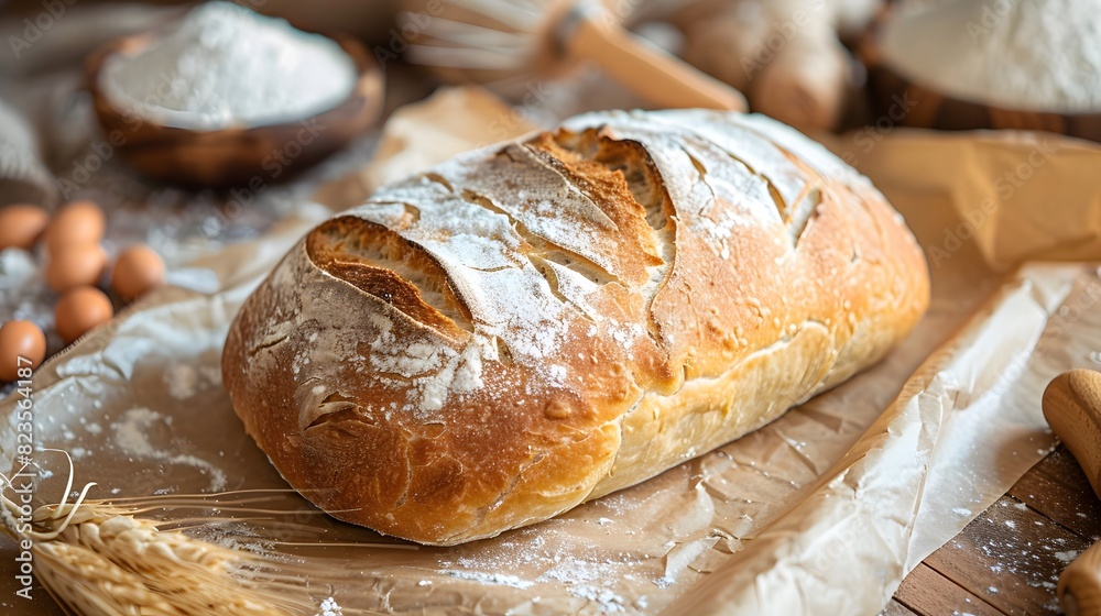 A rustic loaf of sourdough bread on parchment paper, with an aged wooden table in the background and scattered flour around it.
