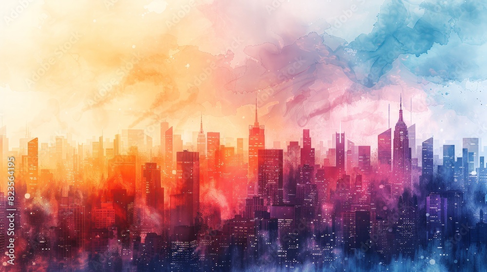 A vibrant watercolor painting of a cityscape, capturing the urban landscape in a dreamy and artistic style. A vibrant watercolor painting of a cityscape, capturing the urban landscape in a dreamy and artistic style.
