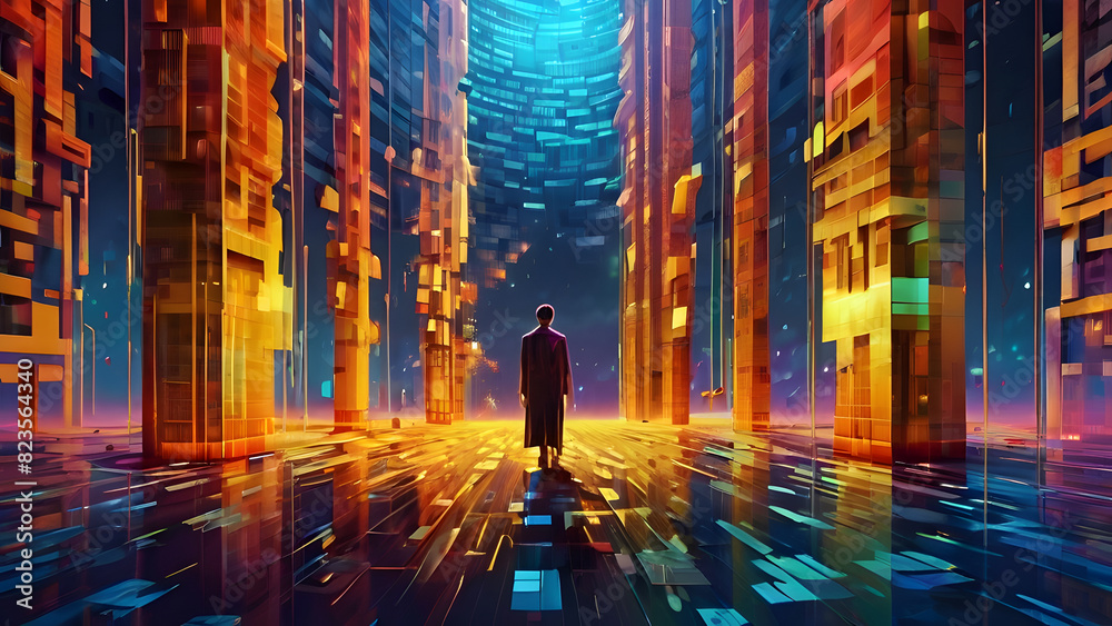 a solitary figure standing amidst a high-tech, futuristic cityscape illuminated by vibrant lights under an evening sky. a solitary figure standing amidst a high-tech, futuristic cityscape illuminated by vibrant lights under an evening sky.