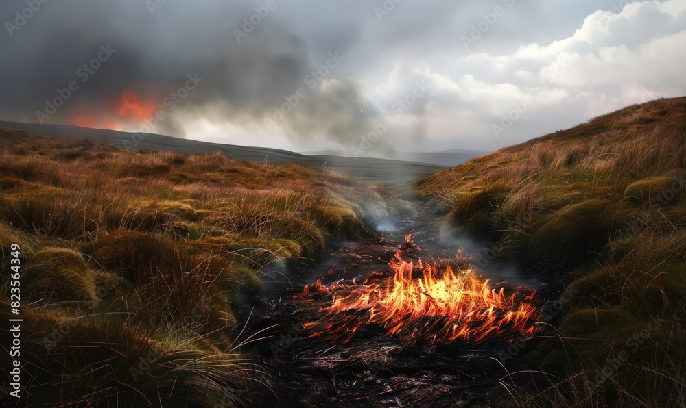 Burning peat bogs. An unextinguished fire is the cause of a peat fire.
