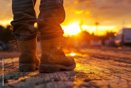 close up picture safety shoes of a walking worker at the sunset  © aledesun