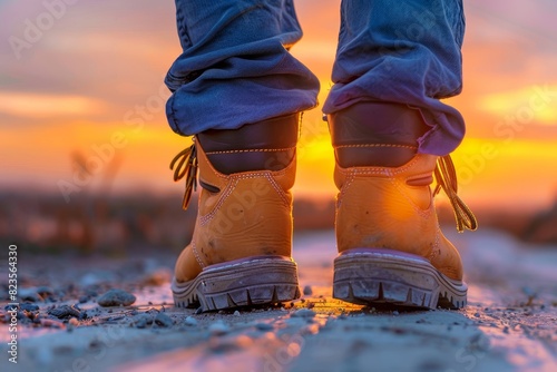 close up picture safety shoes of a walking worker at the sunset 