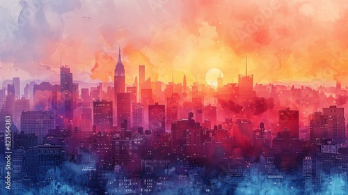 A vibrant watercolor painting of a cityscape, capturing the urban landscape in a dreamy and artistic style. photo