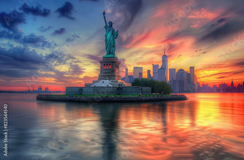 The Statue of Liberty at sunrise with a vibrant sky and reflections on the water © Veniamin Kraskov