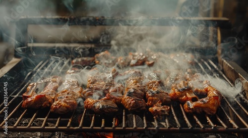 Smoke drifting from a cooking grill at an outdoor barbecue  with meat sizzling on the grate