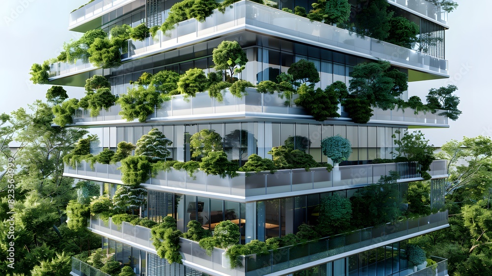 Sustainable green building. Energy efficient building. Sustainable glass office building with trees for reducing carbon dioxide. Office with green environment. Corporate building Sustainable green building. Energy efficient building. Sustainable glass office building with trees for reducing carbon dioxide. Office with green environment. Corporate building