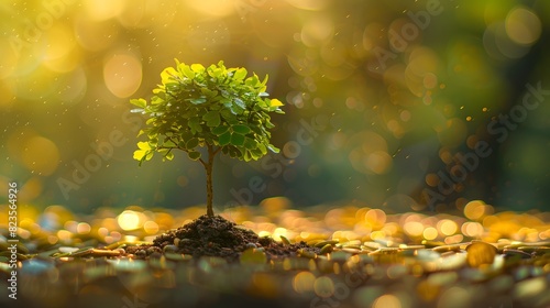 A small tree growing from the ground, surrounded in the style of gold coins and green leaves. This scene symbolizes growth in business or financial support. 