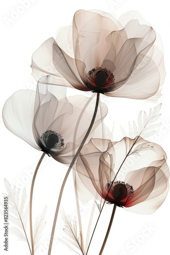 Three White Flowers With Red Centers on White Background