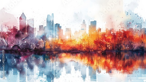 A vibrant watercolor painting of a cityscape  capturing the urban landscape in a dreamy and artistic style.