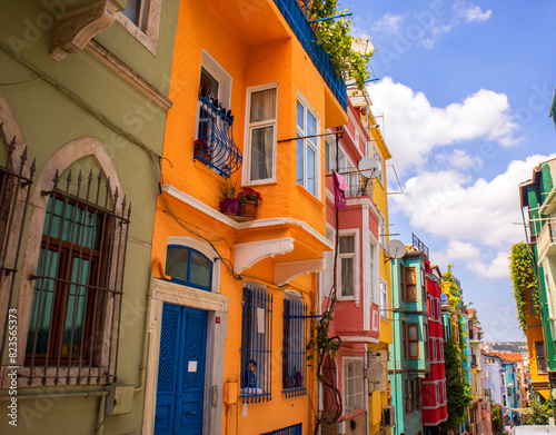 Fener, Balat Colorful facades of houses in the old town of Istanbul, Turkey