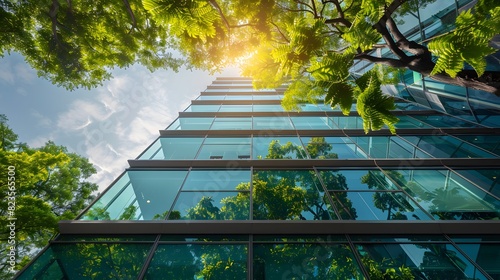 Sustainable green building. Energy efficient building. Sustainable glass office building with trees for reducing carbon dioxide. Office with green environment. Corporate building  photo