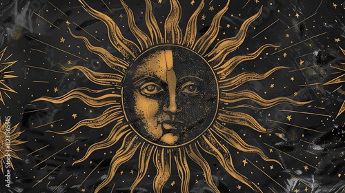 The image is a black background with a gold sun in the center. The sun has a face with closed eyes and is surrounded by stars and clouds.