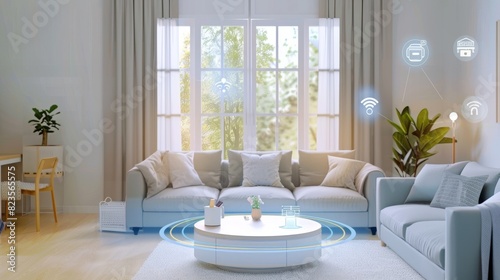 Modern smart home living room with connected devices and cozy decor