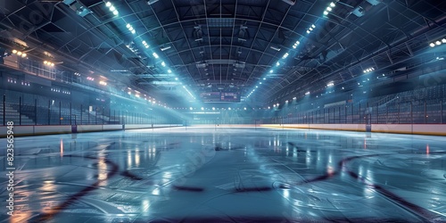 A portrait of a hockey ice rink sports arena with a dark theme and big space for text or sports product advertisement space background, Generative AI. © Noobs