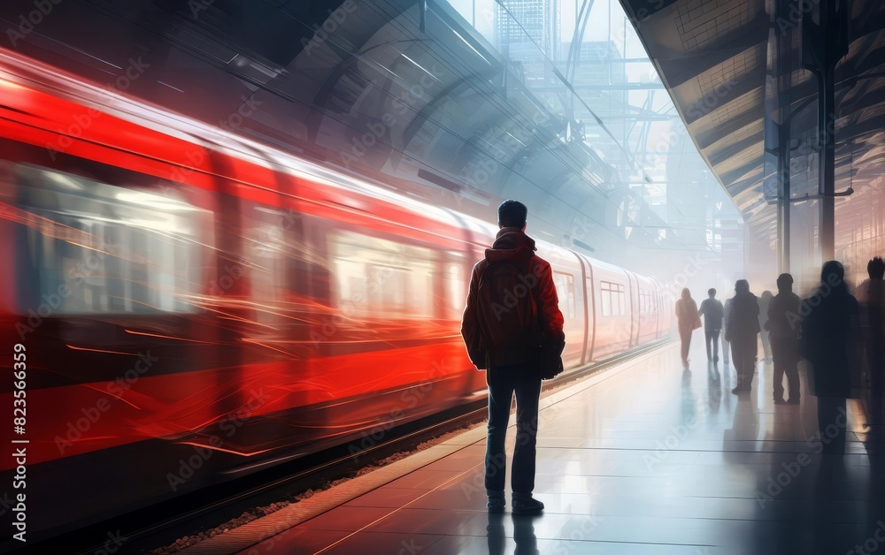 A lone figure waits on a train platform as a red train speeds by, a crowd of silhouettes in the background.