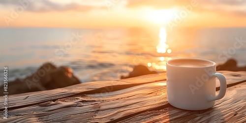 Coffee mug on wooden table with sea and sunset in the background: A peaceful moment. Concept Travel, Nature, Coffee, Sunset, Serenity