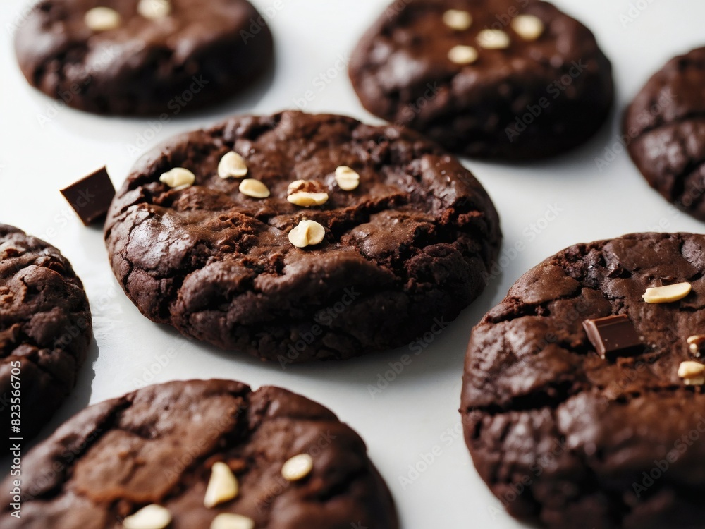 Rich chocolate cookies showcased on white background Rich chocolate cookies showcased on white background