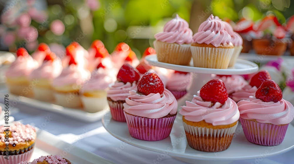 A table full of cupcakes and cakes at an outdoor party, with pink frosting and strawberries on top. Emphasize the deliciousness of these treats.
A table full of cupcakes and cakes at an outdoor party, with pink frosting and strawberries on top. Emphasize the deliciousness of these treats.