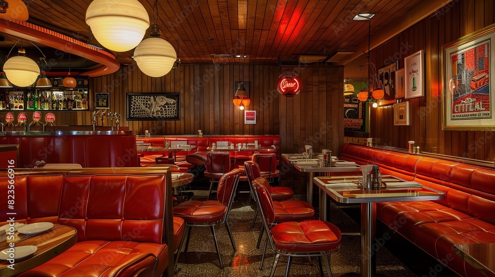The image shows a retro-style diner with red vinyl booths and tables with place settings.

