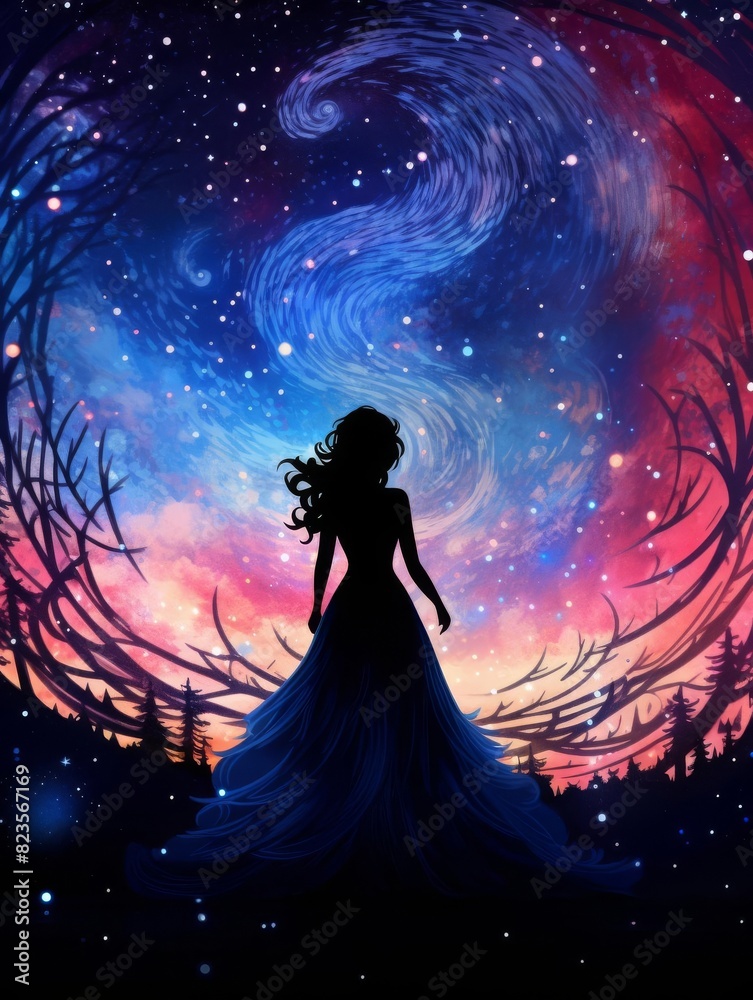 A woman in a flowing dress stands against a cosmic background of swirling nebulae and stars.