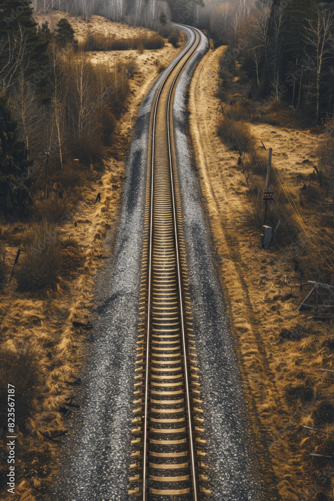 Obraz premium Aerial view of empty railway tracks cutting through a rural landscape, highlighting the clean lines and geometric shapes. 