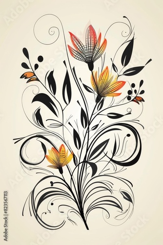 Detailed Drawing of Flowers and Leaves on White Background