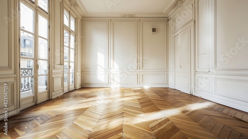 The image shows an empty room with white walls and a wooden floor. There are two large windows and a door.  
