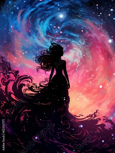 A woman in a flowing gown stands silhouetted against a vibrant galaxy with swirling nebulae and twinkling stars.